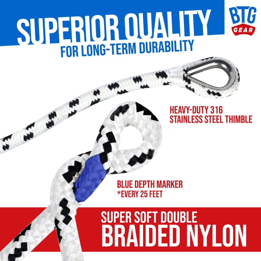 Nylon Anchor Line 1/2 Inch 300 Ft 1/2" X 300 Ft Double Braid Nylon Anchor Rope With Stainless Thimble - Marine Dock & Mooring Line Stainless Steel Thimble Anchor Rope