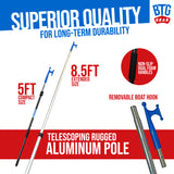 BTG GEAR 5' to 8.5' Marine-Grade Telescoping Boat Pole w/Removable Hook for Docking, Floating, Extra-Strong Aluminum, Boats up to 40ft
