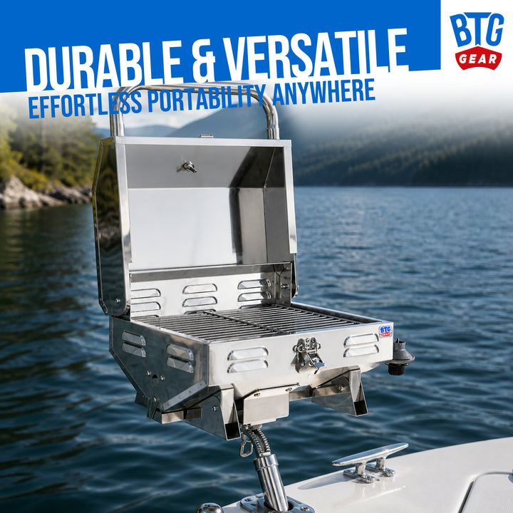 BTG Gear Tailwaves Stainless Steel Portable Propane Marine BBQ Grill w/ Rod Holder Mount (Fold-away legs)