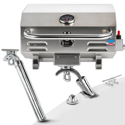 BTG Gear Tailwaves Stainless Steel Portable Propane Marine BBQ Grill w/ Rod Holder Mount (Fold-away legs)