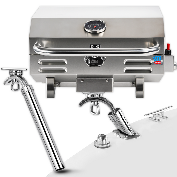 BTG Gear Tailwaves Stainless Steel Portable Propane Marine BBQ Grill w/ Rod Holder Mount (Fold-away legs)