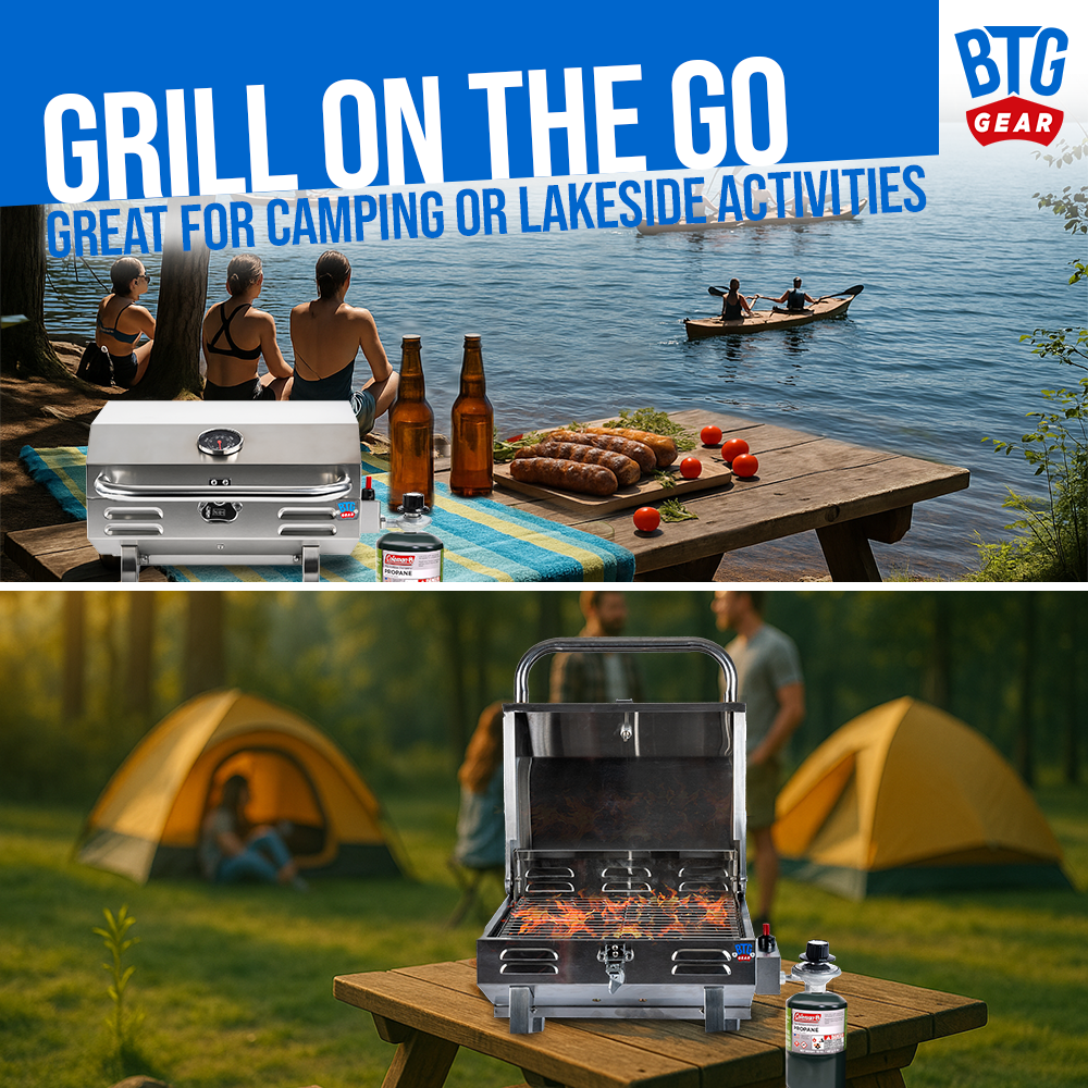 BTG Gear Tailwaves Stainless Steel Portable Propane Marine BBQ Grill w/ Rod Holder Mount (Fold-away legs)