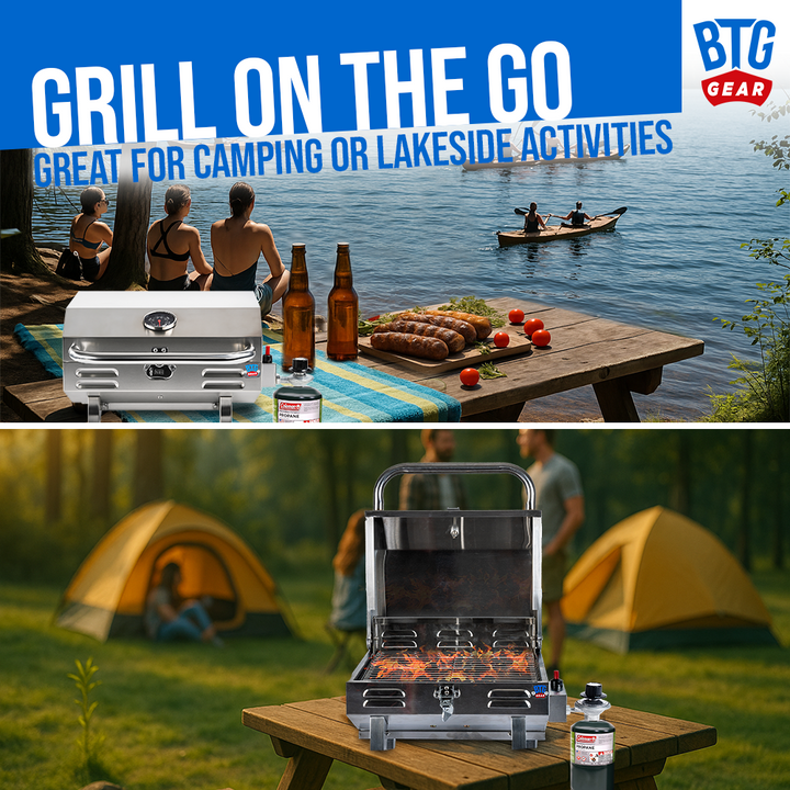 BTG Gear Tailwaves Stainless Steel Portable Propane Marine BBQ Grill w/ Rod Holder Mount (Fold-away legs)