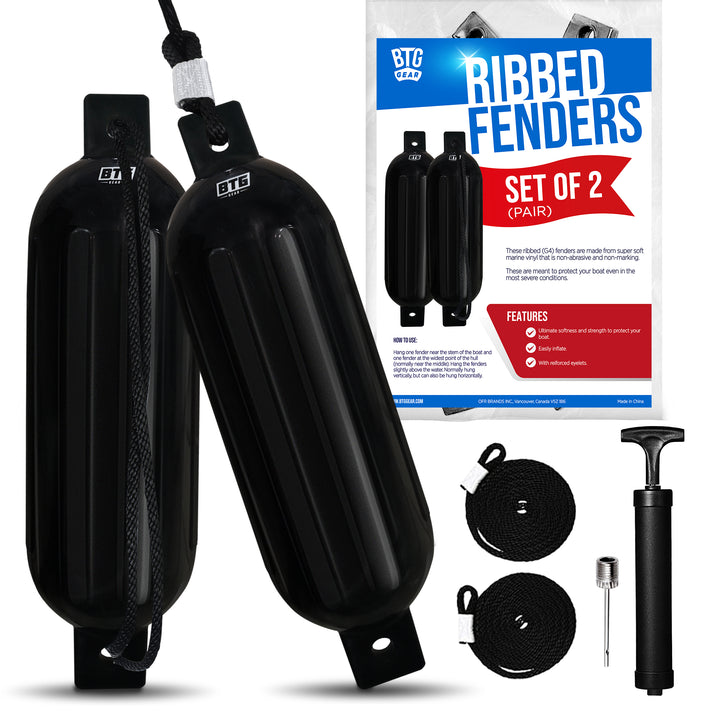 BTG Gear Double-Eyed Ribbed Boat Fenders/Bumpers w/ Fender Lines &amp; Pump (Set of 2)