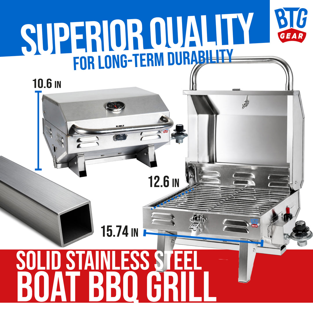 BTG Gear Tailwaves Stainless Steel Portable Propane Marine BBQ Grill w/ Rod Holder Mount (Fold-away legs)