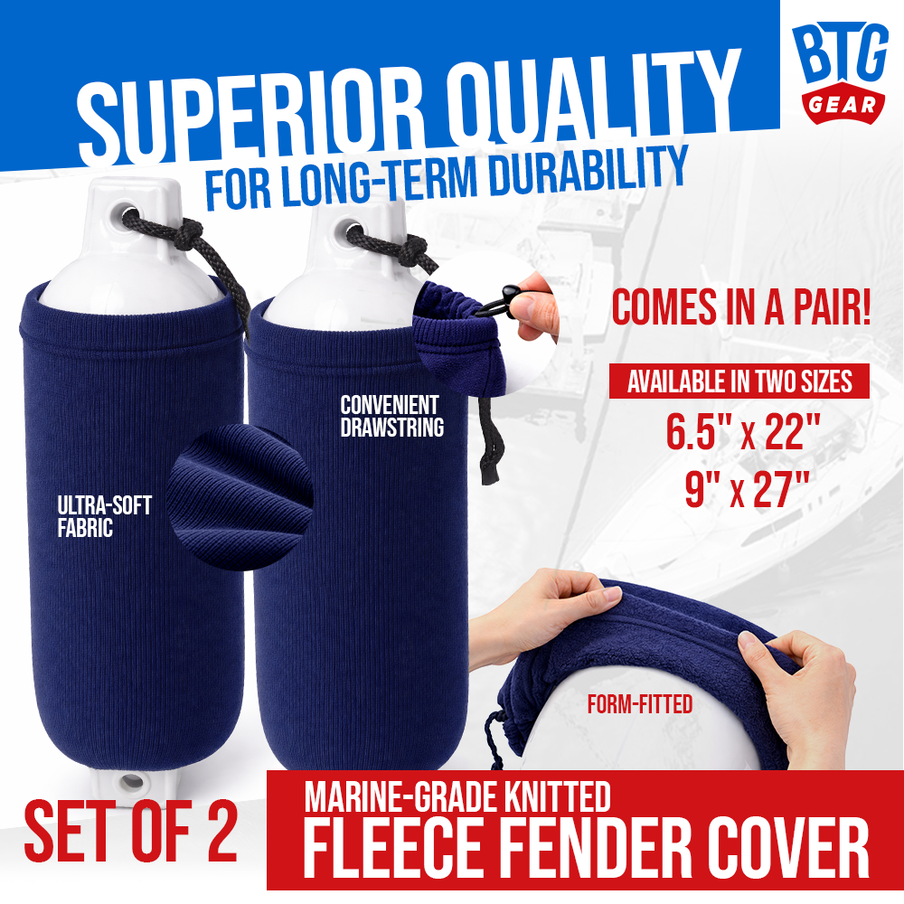 BTG Gear Boat Fleece Fender Bumper Covers for Double Eyed Ribbed Fenders, Set of 2 (Navy Blue)