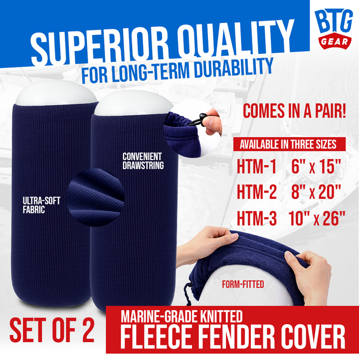 BTG Gear Boat Fleece Fender Bumper Covers for Hole in The Middle Boat Fender, Set of 2 (Navy Blue)