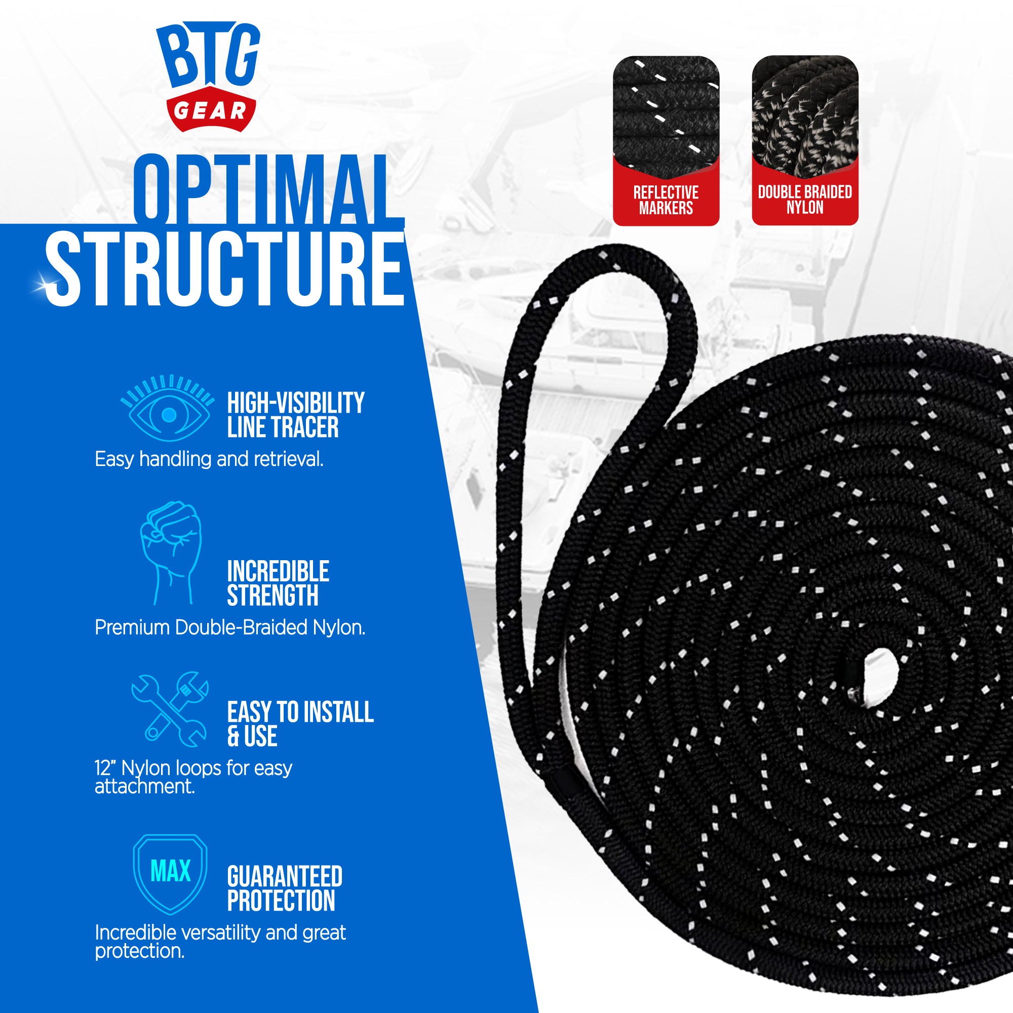 BTG Gear Dock Line Kit (Set) - Includes Three Mooring Ropes (Two Bow Lines, One Spring) - Reflective