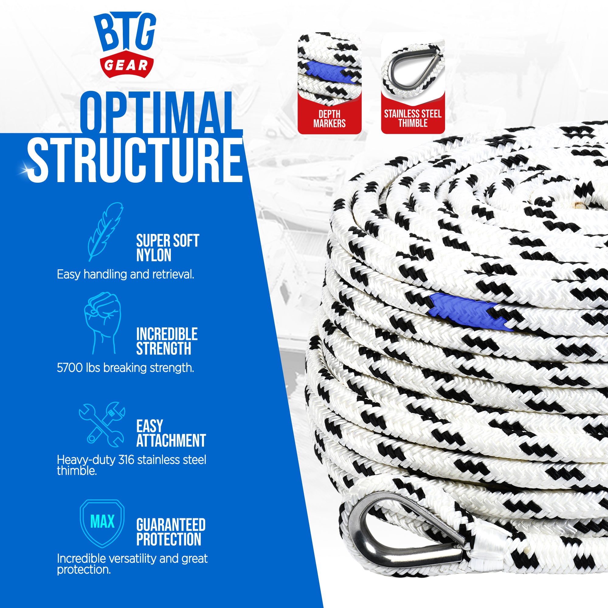 BTG Gear Nylon Boat Anchor Line w/Stainless Steel Thimble & Depth Markers