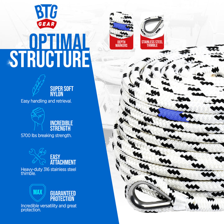 BTG Gear Nylon Boat Anchor Line w/Stainless Steel Thimble &amp; Depth Markers