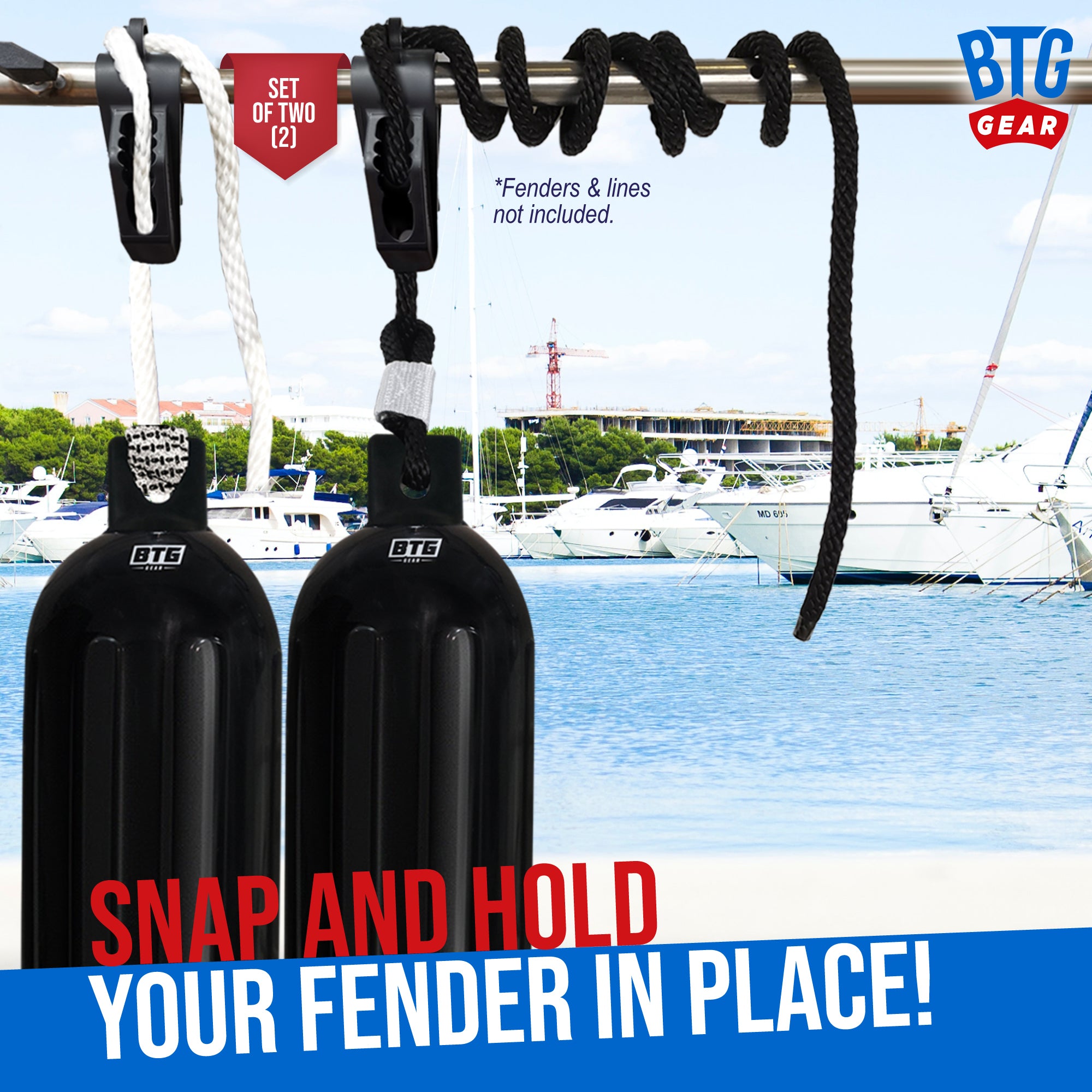 BTG Gear Set of 2 Boat Fender Holder/Adjuster/Hanger, Clips to Rail for Up to 5/8