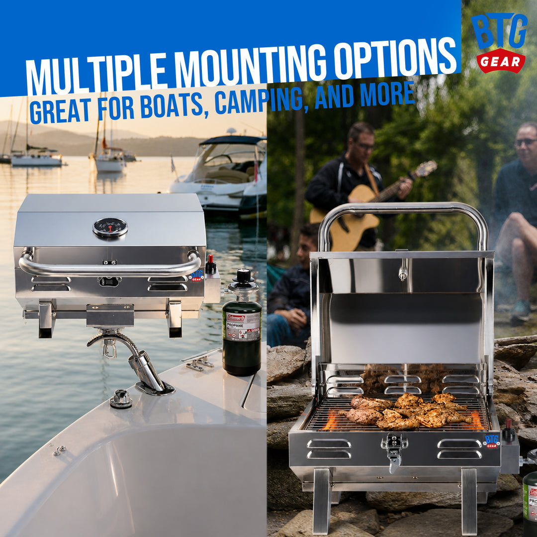 BTG Gear Tailwaves Stainless Steel Portable Propane Marine BBQ Grill w/ Rod Holder Mount (Fold-away legs)