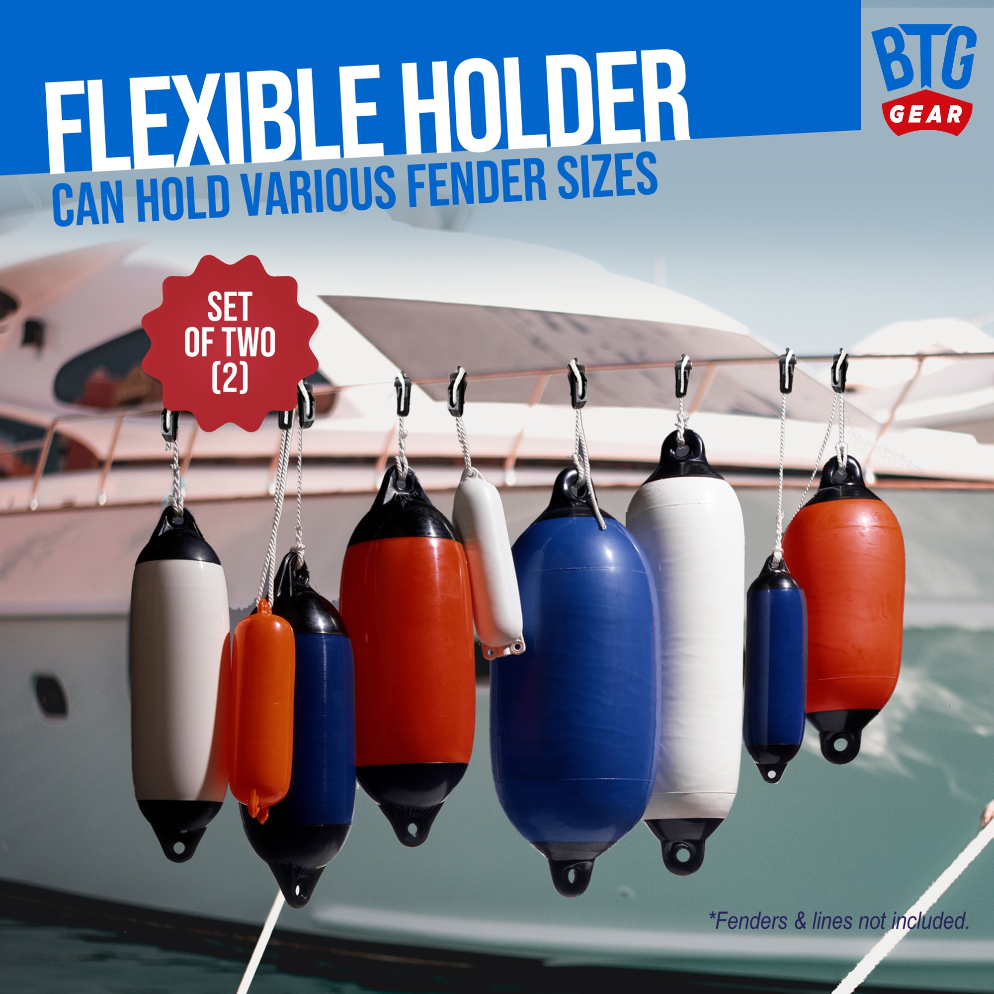 BTG Gear Set of 2 Boat Fender Holder/Adjuster/Hanger, Clips to Rail for Up to 5/8 Marine Bumper Lines