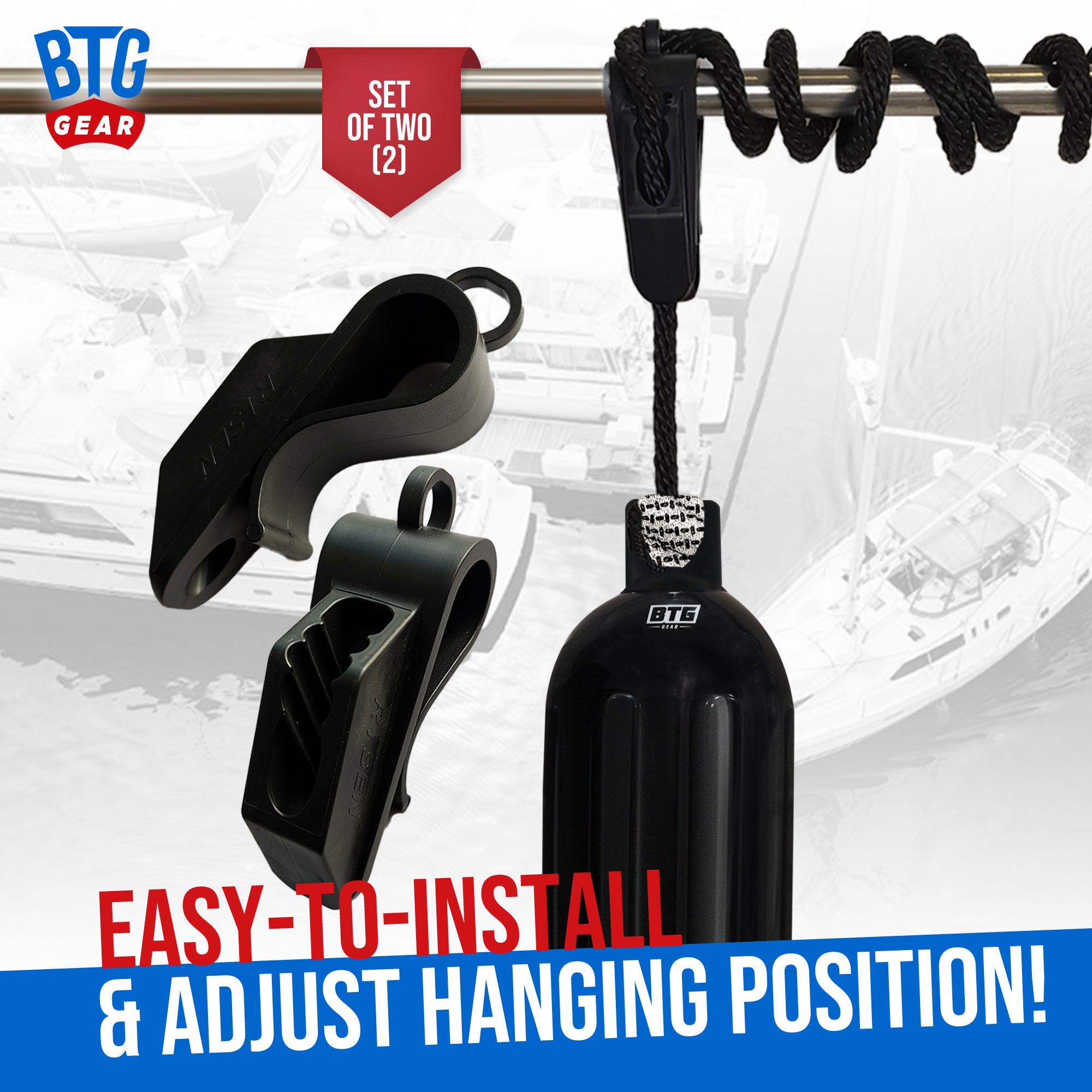 BTG Gear Set of 2 Boat Fender Holder/Adjuster/Hanger, Clips to Rail for Up to 5/8