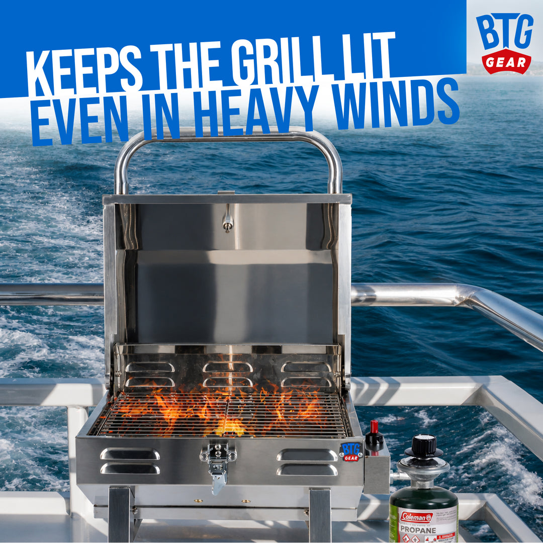 BTG Gear Tailwaves Stainless Steel Portable Propane Marine BBQ Grill w/ Rod Holder Mount (Fold-away legs)