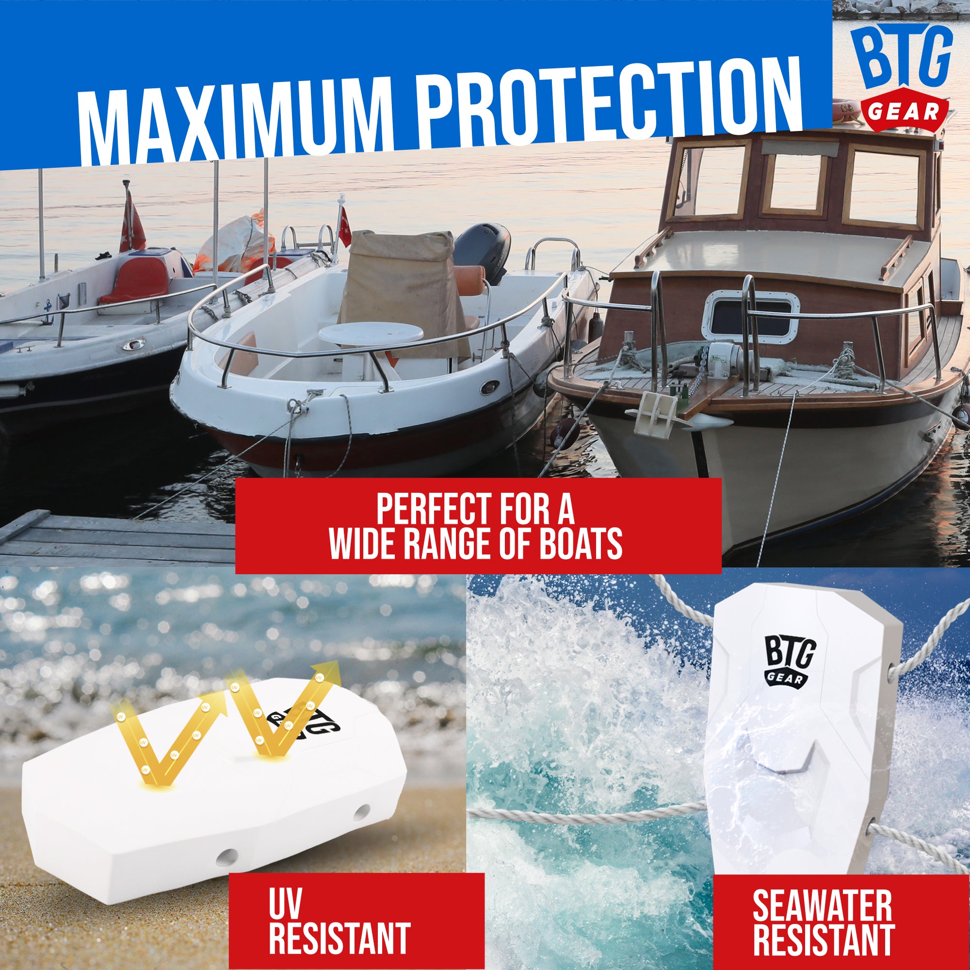 BTG GEAR Modular Marine Bumper with Fender Lines, Boats up to 27', Heavy Duty Marine Use, for Docks/Bass/Jon/Pontoon