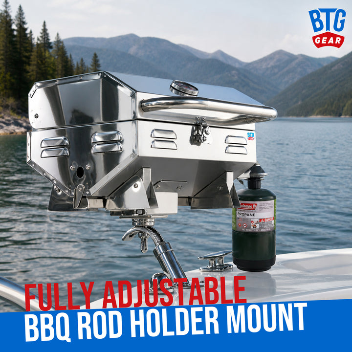 BTG Gear Tailwaves Stainless Steel Portable Propane Marine BBQ Grill w/ Rod Holder Mount (Fold-away legs)