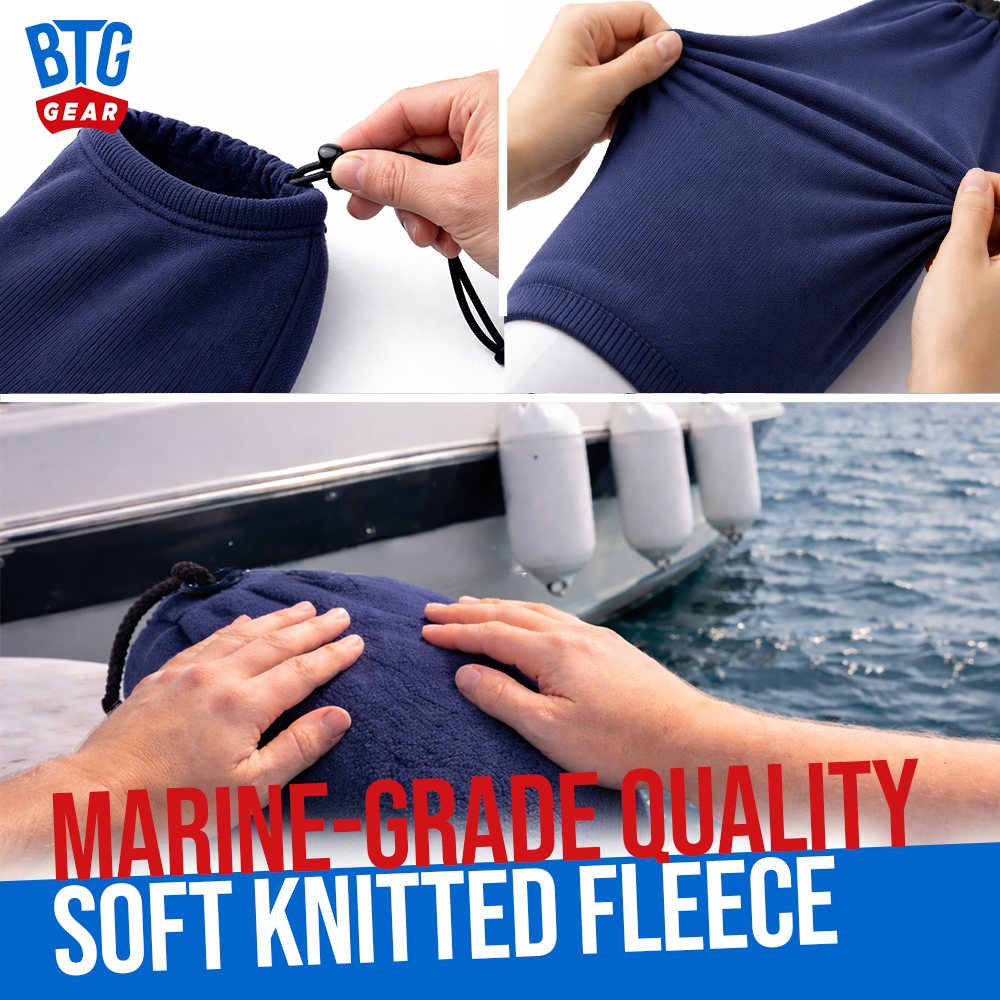 BTG Gear Boat Fleece Fender Bumper Covers for Double Eyed Ribbed Fenders, Set of 2 (Navy Blue)