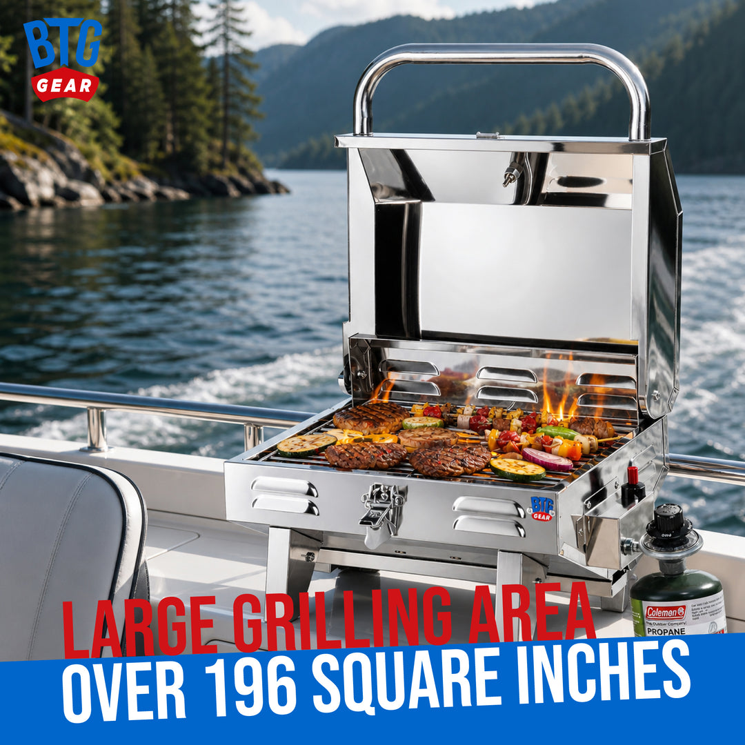 BTG Gear Tailwaves Stainless Steel Portable Propane Marine BBQ Grill w/ Rod Holder Mount (Fold-away legs)