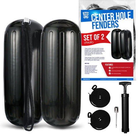 BTG Gear Center Hole in Middle Boat Fenders (Set of 2) 8" x 20" (with Marine Bumper Lines & Pump)