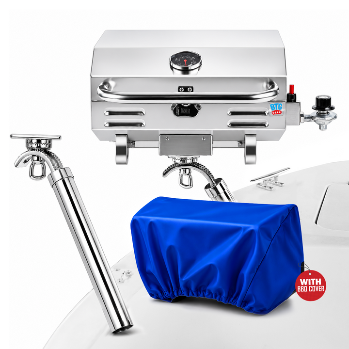 BTG Gear Tailwaves Stainless Steel Portable Propane Marine BBQ Grill w/ Rod Holder Mount (Fold-away legs)
