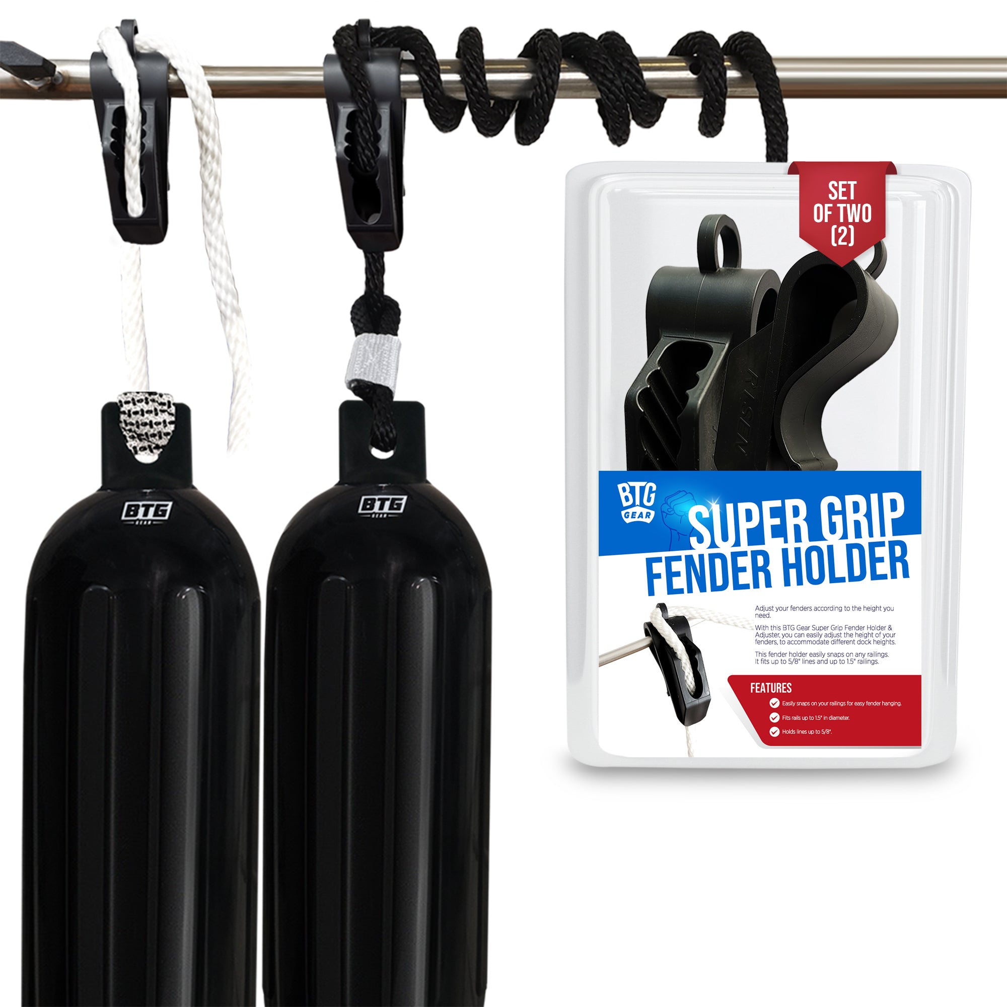 BTG Gear Set of 2 Boat Fender Holder/Adjuster/Hanger, Clips to Rail for Up to 5/8