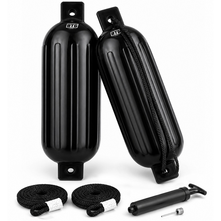BTG Gear Double-Eyed Ribbed Boat Fenders/Bumpers w/ Fender Lines &amp; Pump (Set of 2)