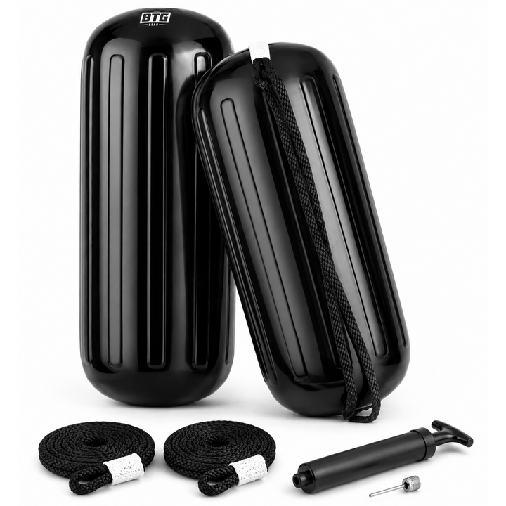 BTG Gear Center Hole in Middle Boat Fenders (Set of 2) 8" x 20" (with Marine Bumper Lines &amp; Pump)