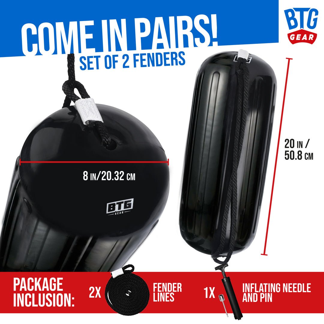 BTG GEAR Pair/Set of 2 Inflatable Center Hole in Middle Boat Fenders in Black, 8" x 20" (with Marine Bumper Lines &amp; Pump) Set