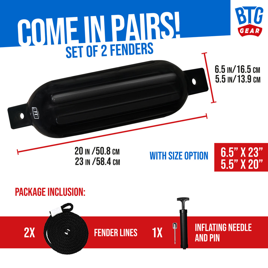 BTG GEAR Pair/Set of 2 (Two) Inflatable Boat Fenders/Bumpers in Black, 5.5" x 20",  6.5" x 23", w/ Free 6&