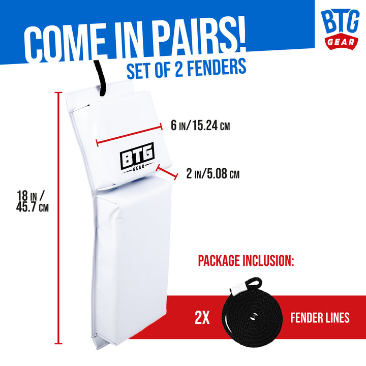 BTG GEAR Pair/Set of 2 (Two) Marine-Grade Vinyl PWC Boat Fenders in White, 18"x6"x2.5" for Jet Ski, Seadoo, Powerboat with 6&