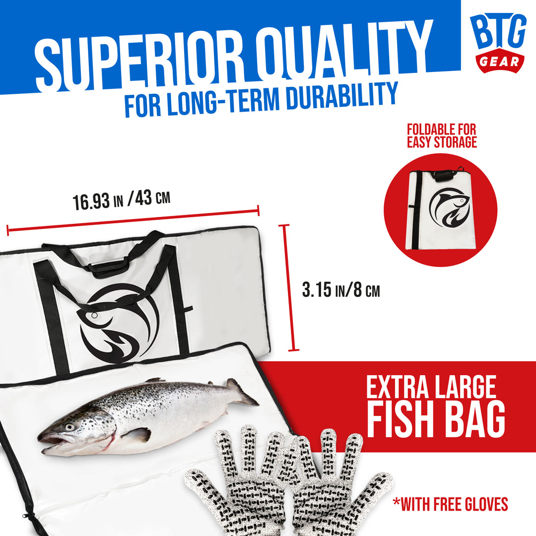 BTG Gear Insulated/Thermal Waterproof Fish Bag Cooler/Freezer in black, Extra Large 63"x27" wide, For Fishing/Boats with FREE fish gloves