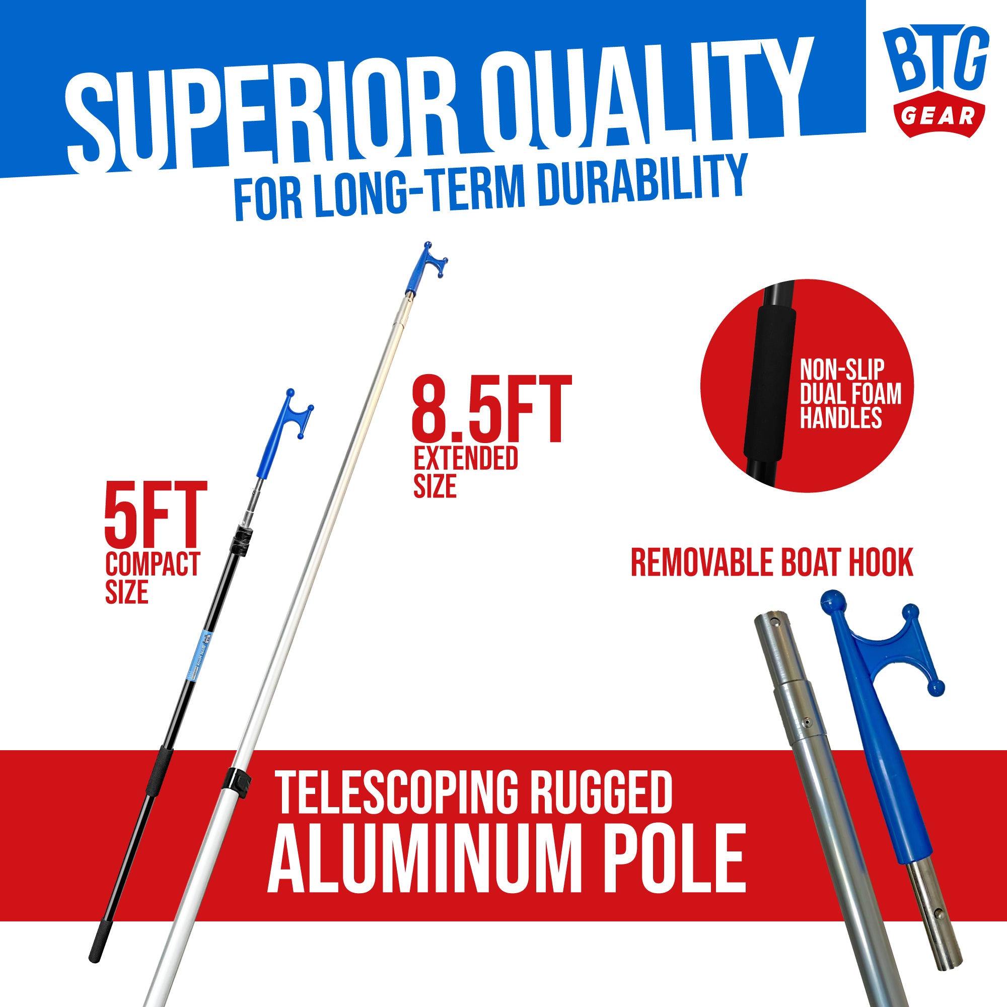 BTG GEAR 5' to 8.5' Marine-Grade Telescoping Boat Pole w/Removable Hook for Docking, Floating, Extra-Strong Aluminum, Boats up to 40ft