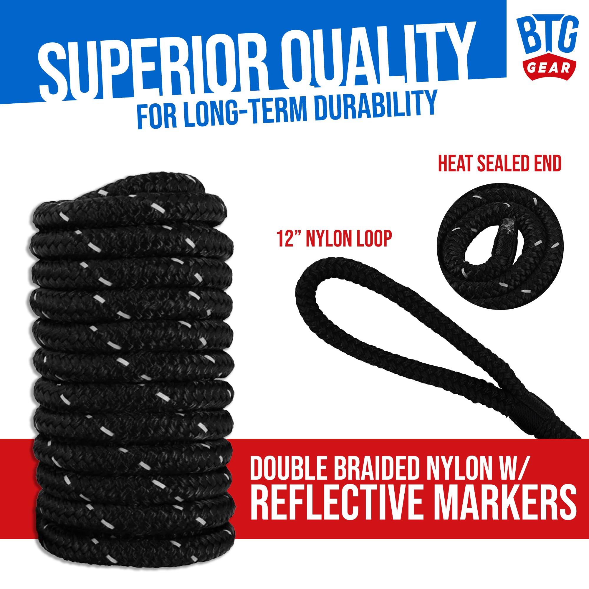 BTG Gear Heavy Duty Marine-Grade Double Braided Reflective Nylon Dock LINE KIT (Three Ropes) - Boats up to 36' in sizes 5/8