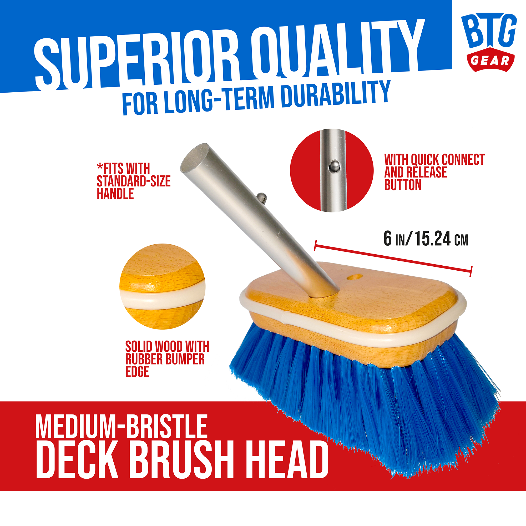 BTG Gear Medium Thickness Snap Button Boat Deck Brush for Cleaning