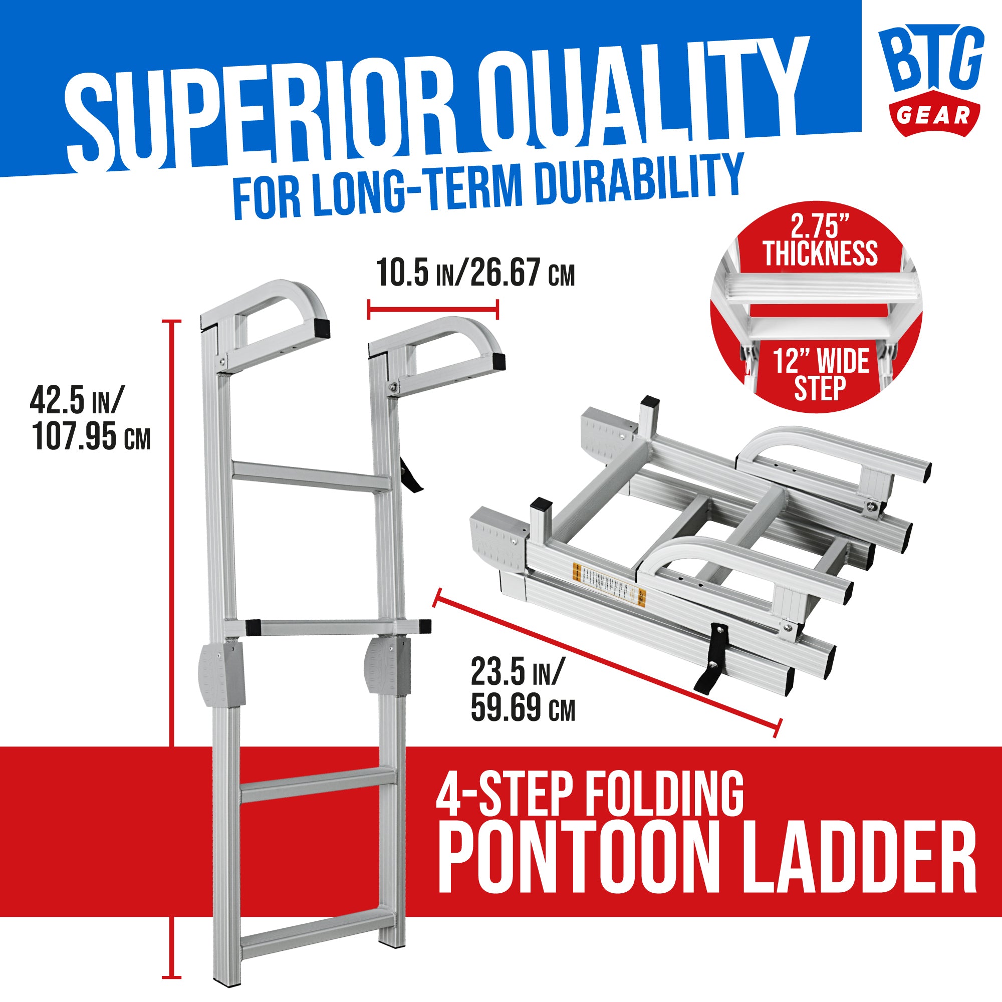 BTG Gear 4-Step Heavy-Duty Pontoon Boat Boarding Marine Folding Ladder, Aluminum w/ Quick Release Clips, extends up to 42