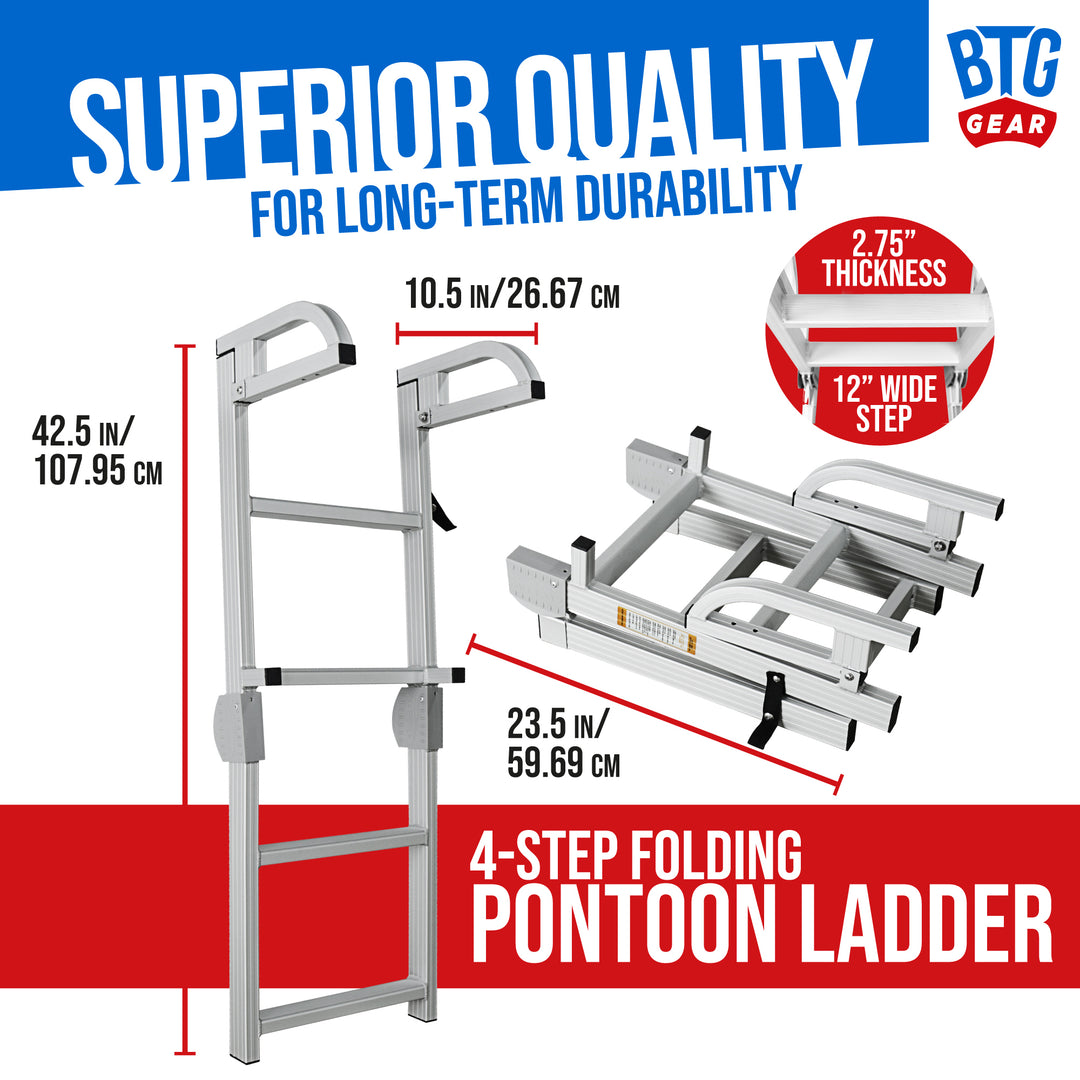 BTG Gear 4-Step Heavy-Duty Pontoon Boat Boarding Marine Folding Ladder, Aluminum w/ Quick Release Clips, extends up to 42"