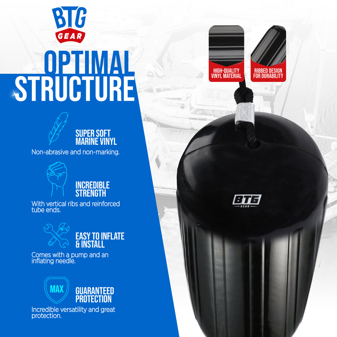 BTG GEAR Pair/Set of 2 Inflatable Center Hole in Middle Boat Fenders in Black, 8" x 20" (with Marine Bumper Lines &amp; Pump) Set