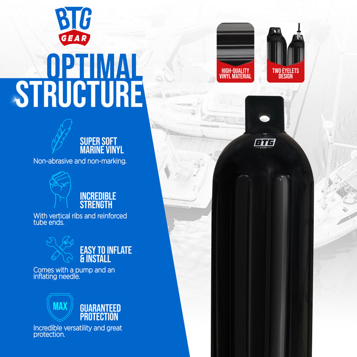 BTG GEAR Pair/Set of 2 (Two) Inflatable Boat Fenders/Bumpers in Black, 5.5" x 20",  6.5" x 23", w/ Free 6&