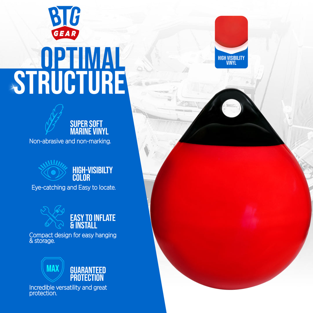 BTG GEAR Pair/Set of 2 (Two) 15" x 20" Red/Black Marine-Grade Vinyl Boat Mooring Buoys, Round Inflatable Balls for Docking/Fishing/Crab/etc
