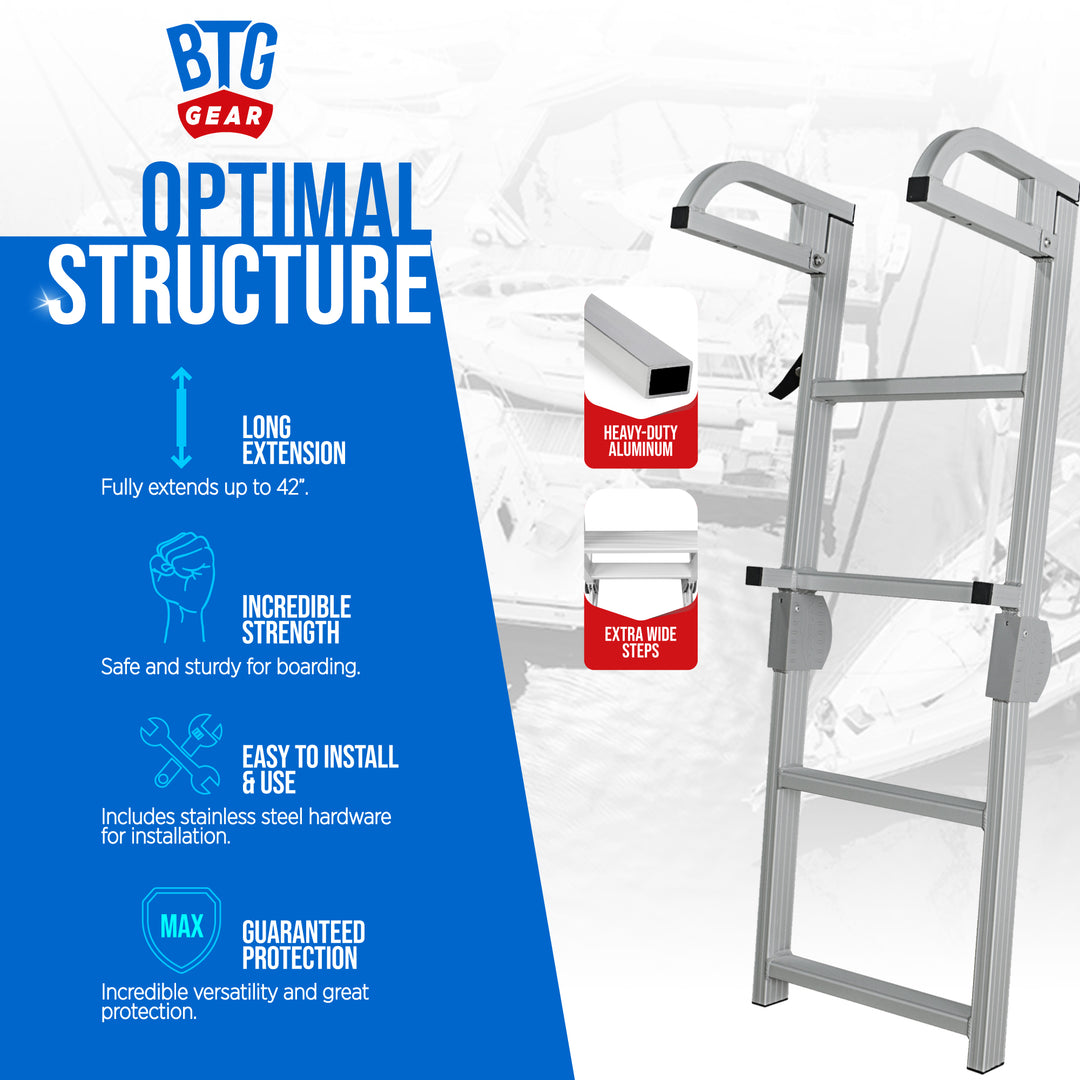 BTG Gear 4-Step Heavy-Duty Pontoon Boat Boarding Marine Folding Ladder, Aluminum w/ Quick Release Clips, extends up to 42"