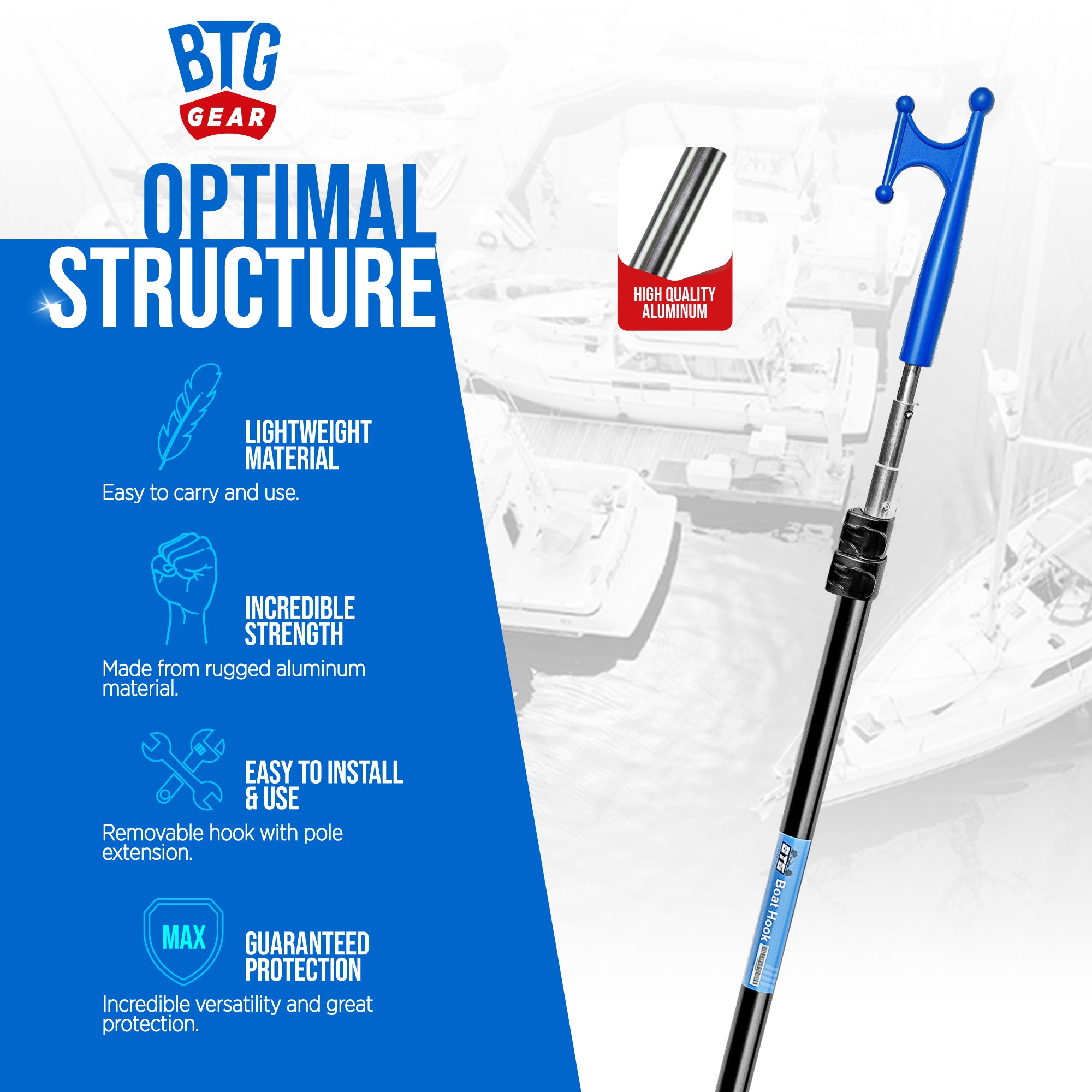 BTG GEAR 5' to 8.5' Marine-Grade Telescoping Boat Pole w/Removable Hook for Docking, Floating, Extra-Strong Aluminum, Boats up to 40ft