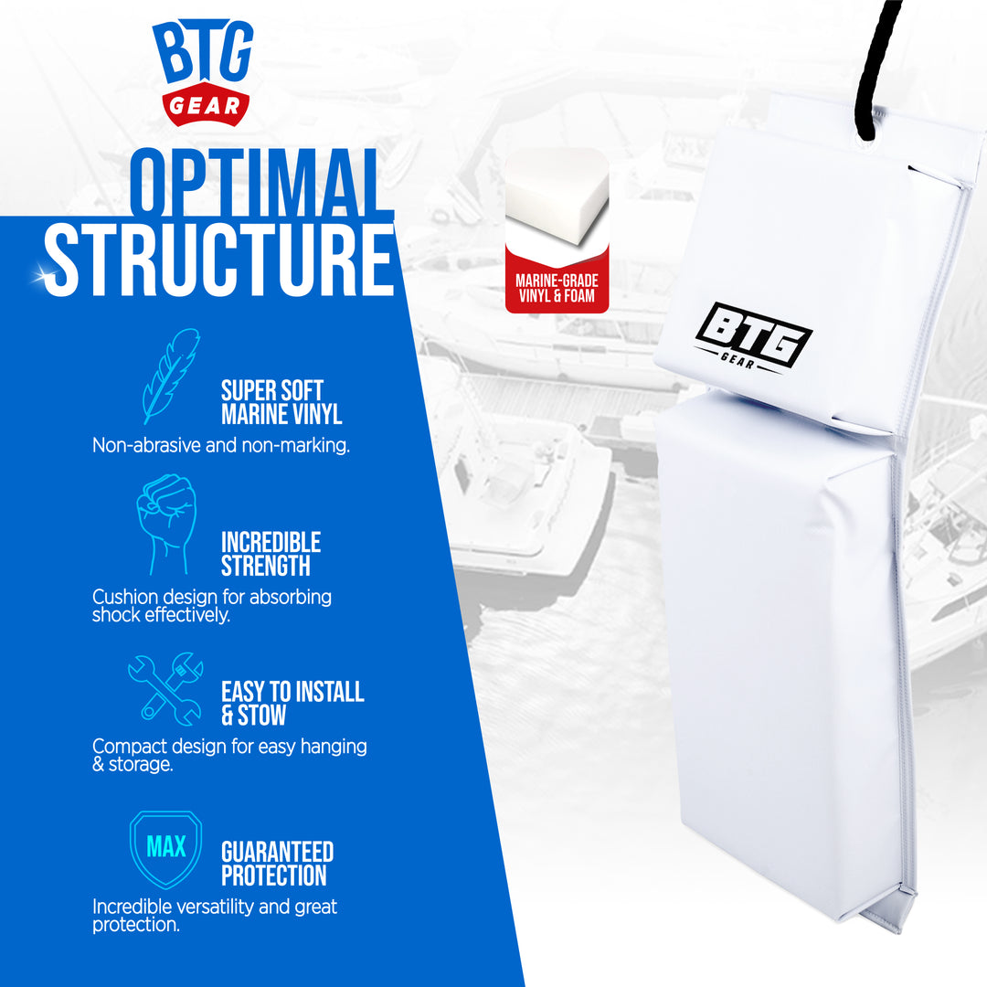 BTG GEAR Pair/Set of 2 (Two) Marine-Grade Vinyl PWC Boat Fenders in White, 18"x6"x2.5" for Jet Ski, Seadoo, Powerboat with 6&