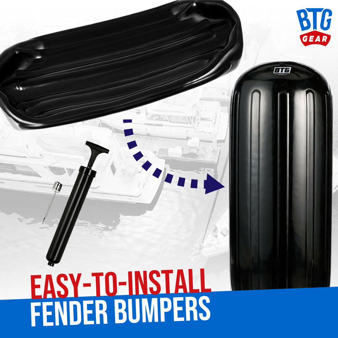 BTG GEAR Pair/Set of 2 Inflatable Center Hole in Middle Boat Fenders in Black, 8" x 20" (with Marine Bumper Lines &amp; Pump) Set