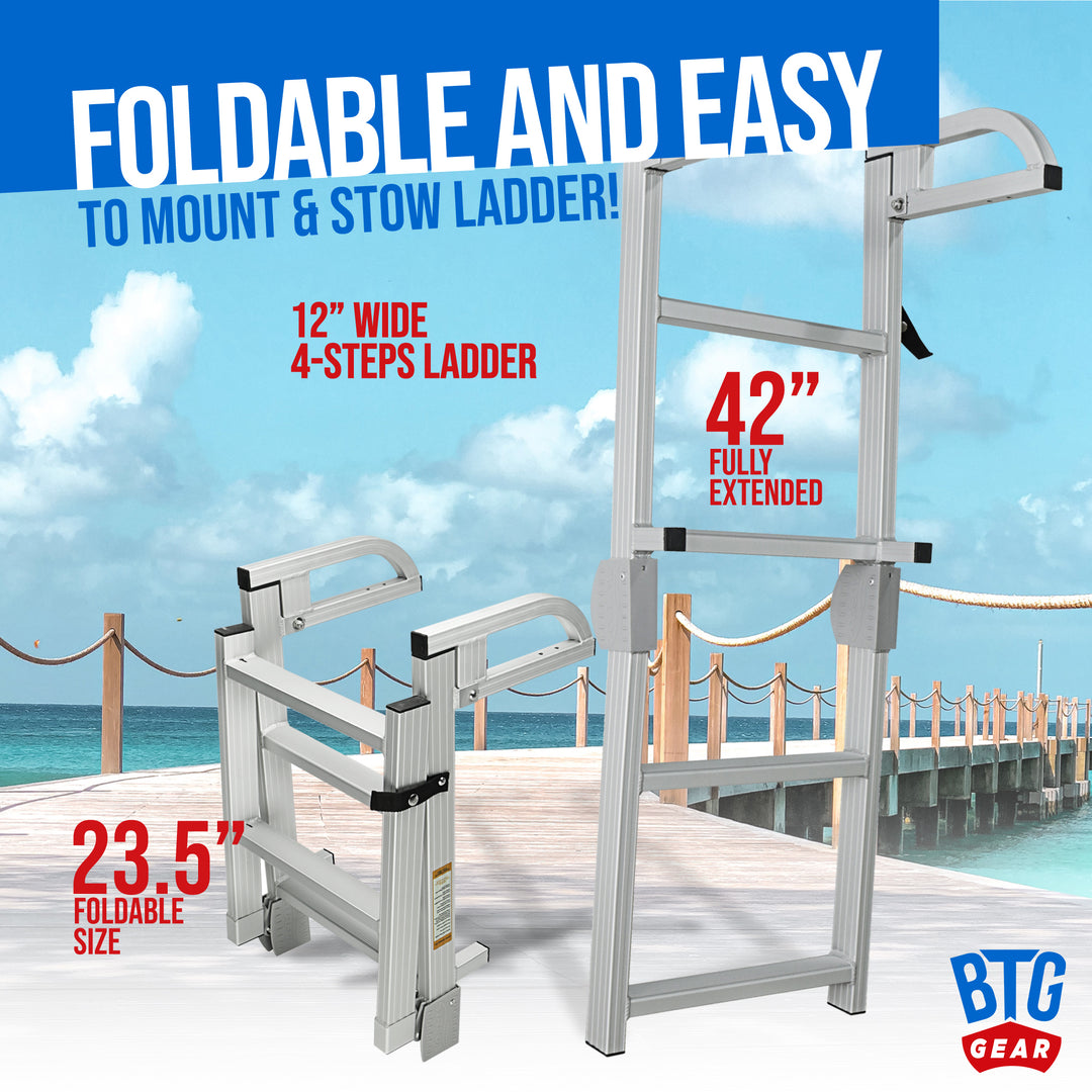 BTG Gear 4-Step Heavy-Duty Pontoon Boat Boarding Marine Folding Ladder, Aluminum w/ Quick Release Clips, extends up to 42"