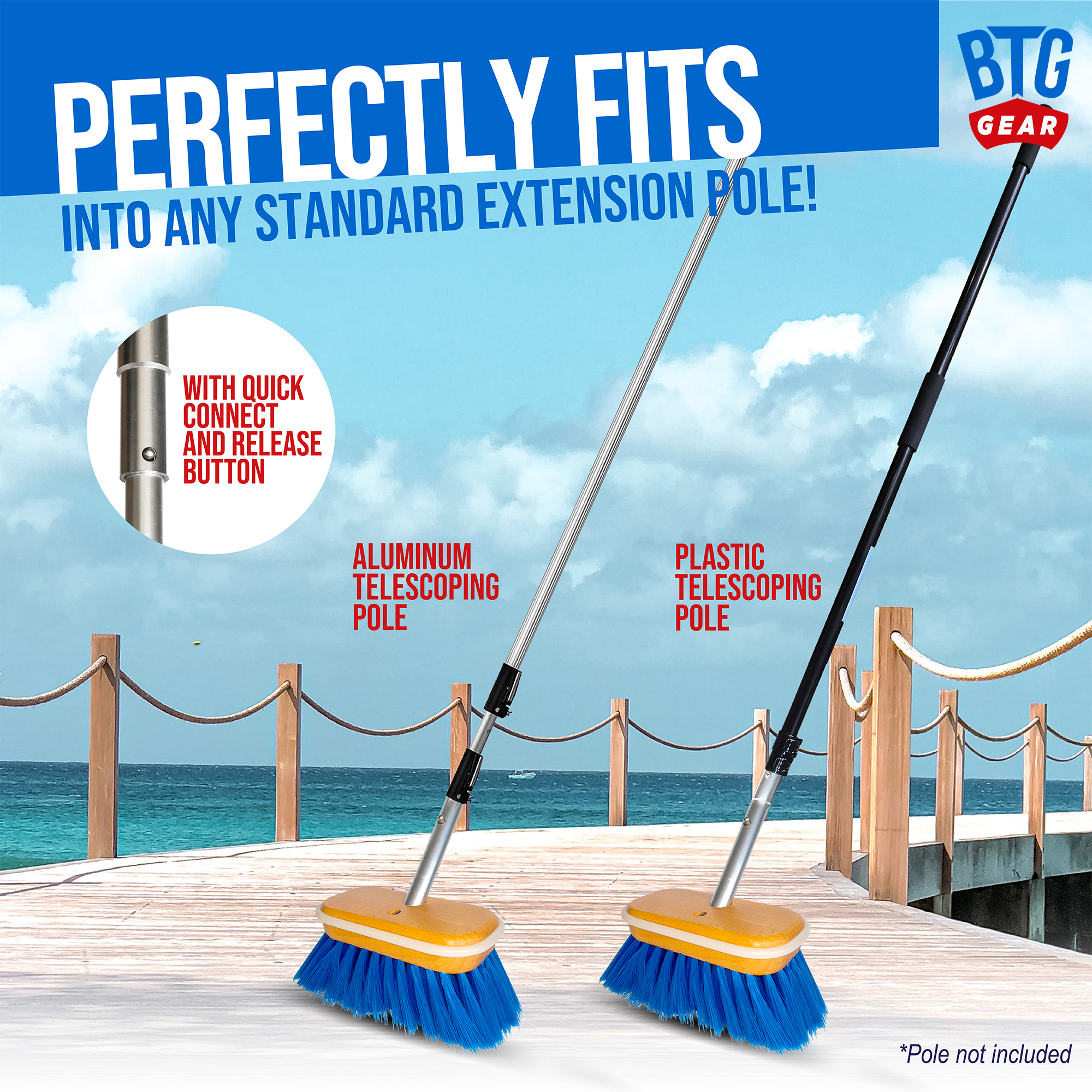 BTG Gear Medium Thickness Snap Button Boat Deck Brush for Cleaning Hull/Railings