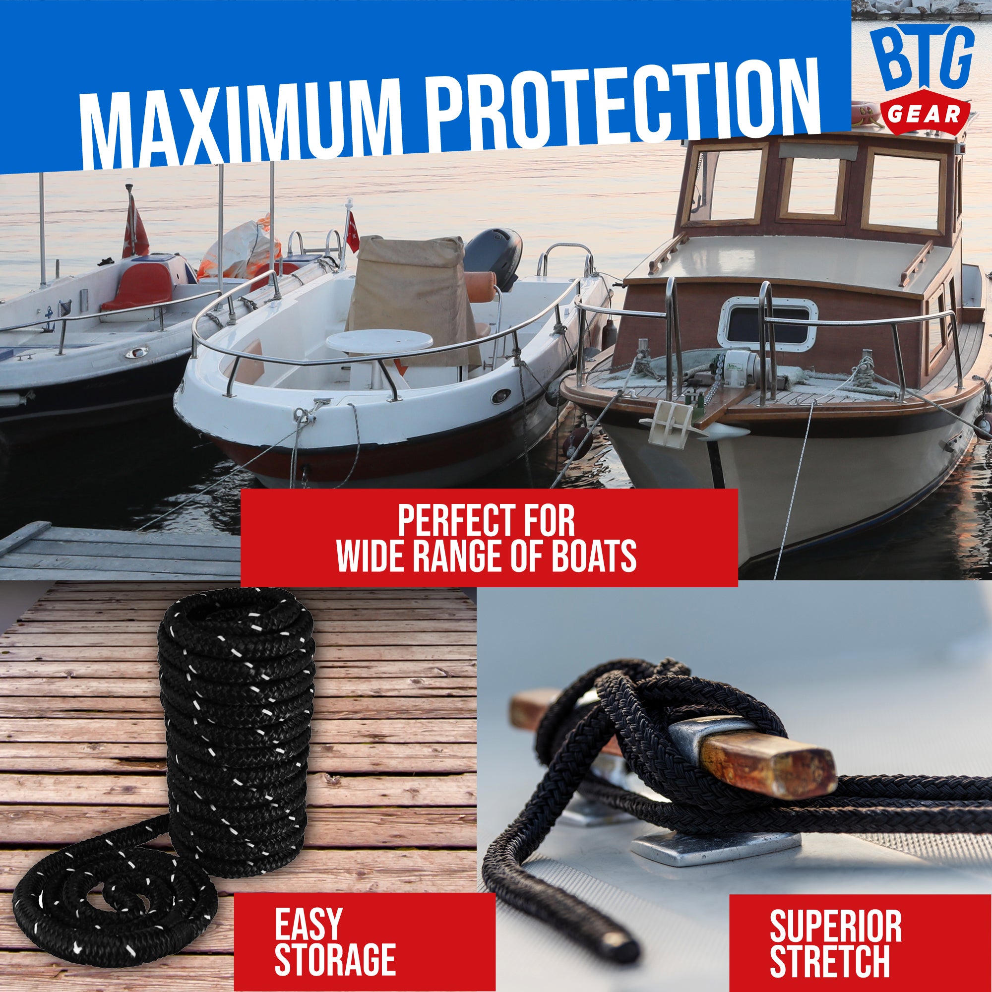 BTG Gear Heavy Duty Marine-Grade Double Braided Reflective Nylon Dock LINE KIT (Three Ropes) - Boats up to 36' in sizes 5/8