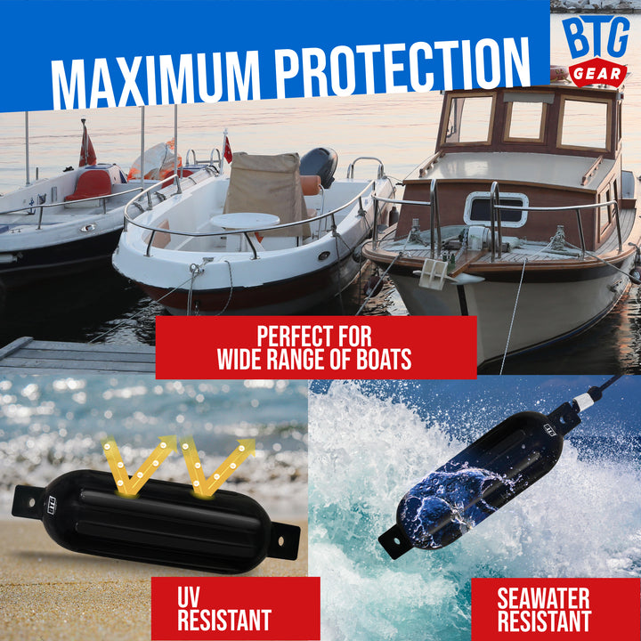 BTG GEAR Pair/Set of 2 (Two) Inflatable Boat Fenders/Bumpers in Black, 5.5" x 20",  6.5" x 23", w/ Free 6&