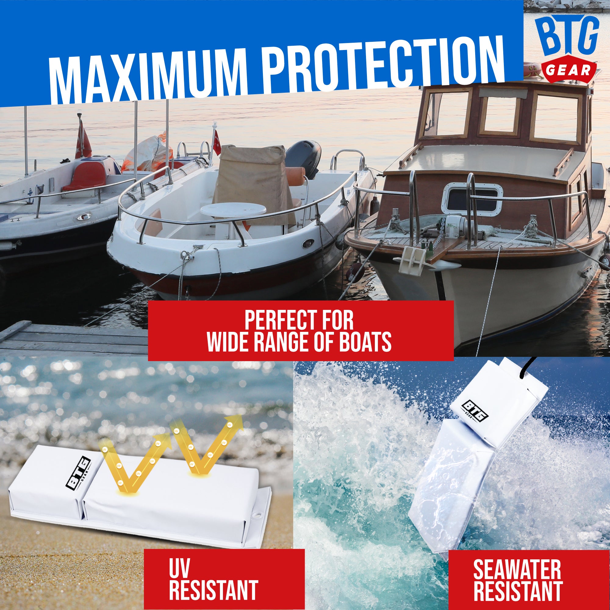BTG GEAR Pair/Set of 2 (Two) Marine-Grade Vinyl PWC Boat Fenders in White, 18