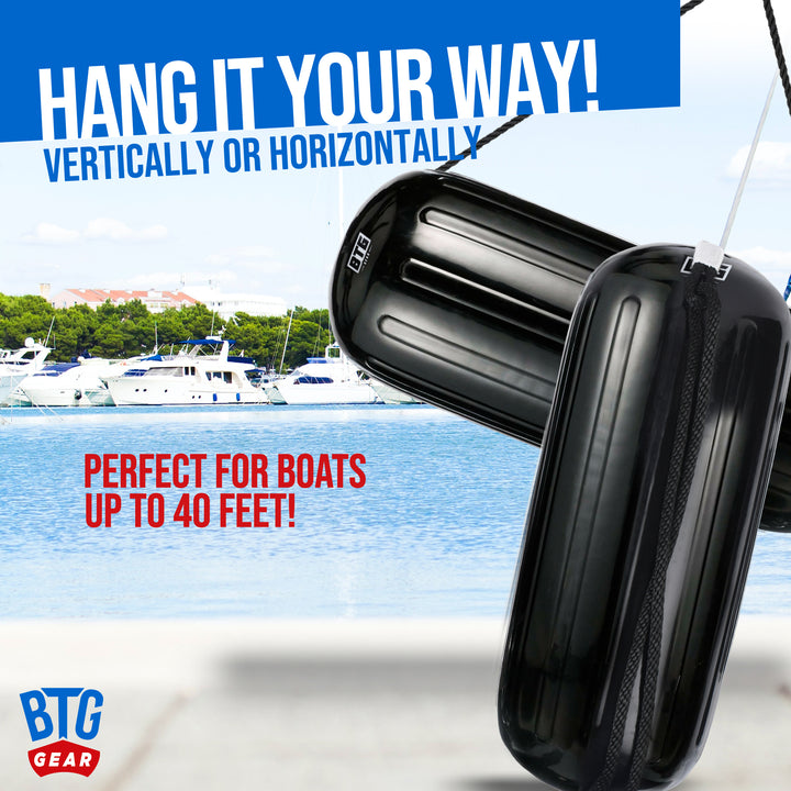BTG GEAR Pair/Set of 2 Inflatable Center Hole in Middle Boat Fenders in Black, 8" x 20" (with Marine Bumper Lines &amp; Pump) Set